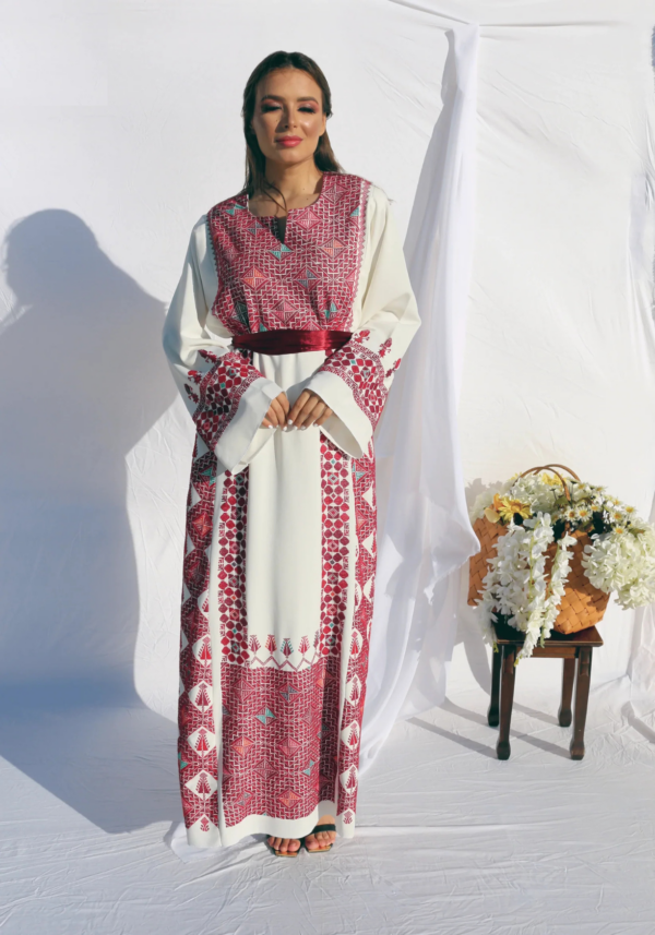 Hand-Embroidered White Palestinian Wedding Thobe - Image 2