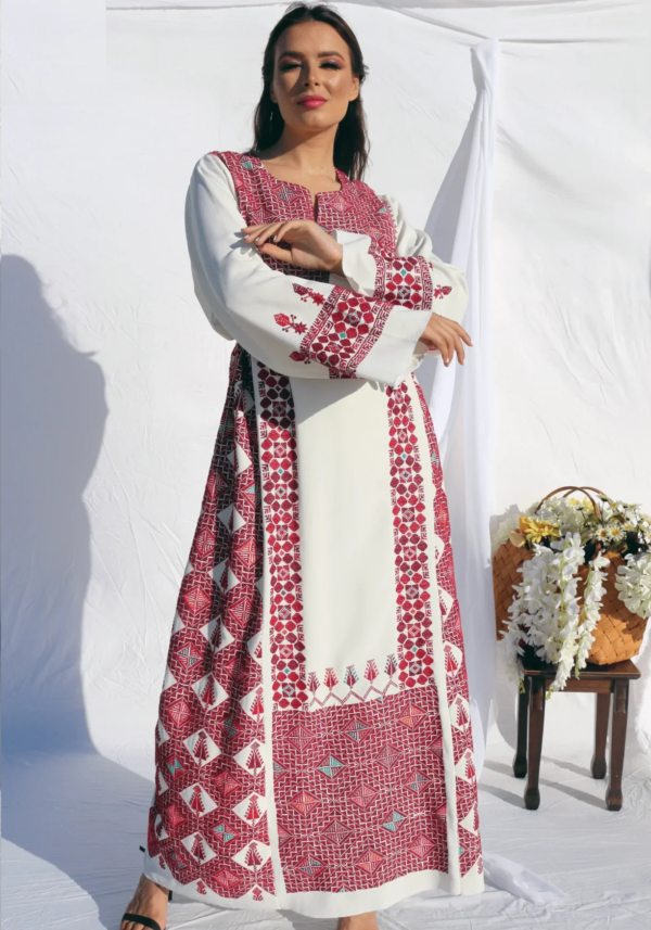 Hand-Embroidered White Palestinian Wedding Thobe - Image 6