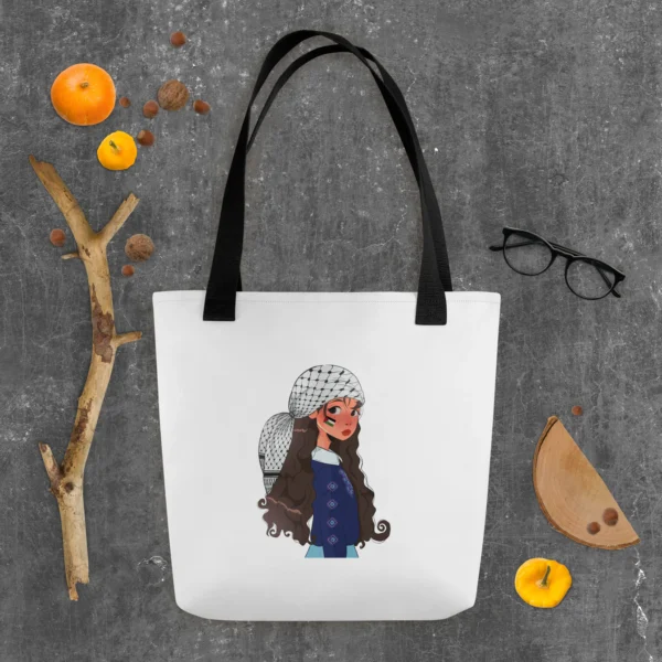 Tote bag-girl wearing a keffiyeh illustration-Designed by Palestinian Artist - Image 3